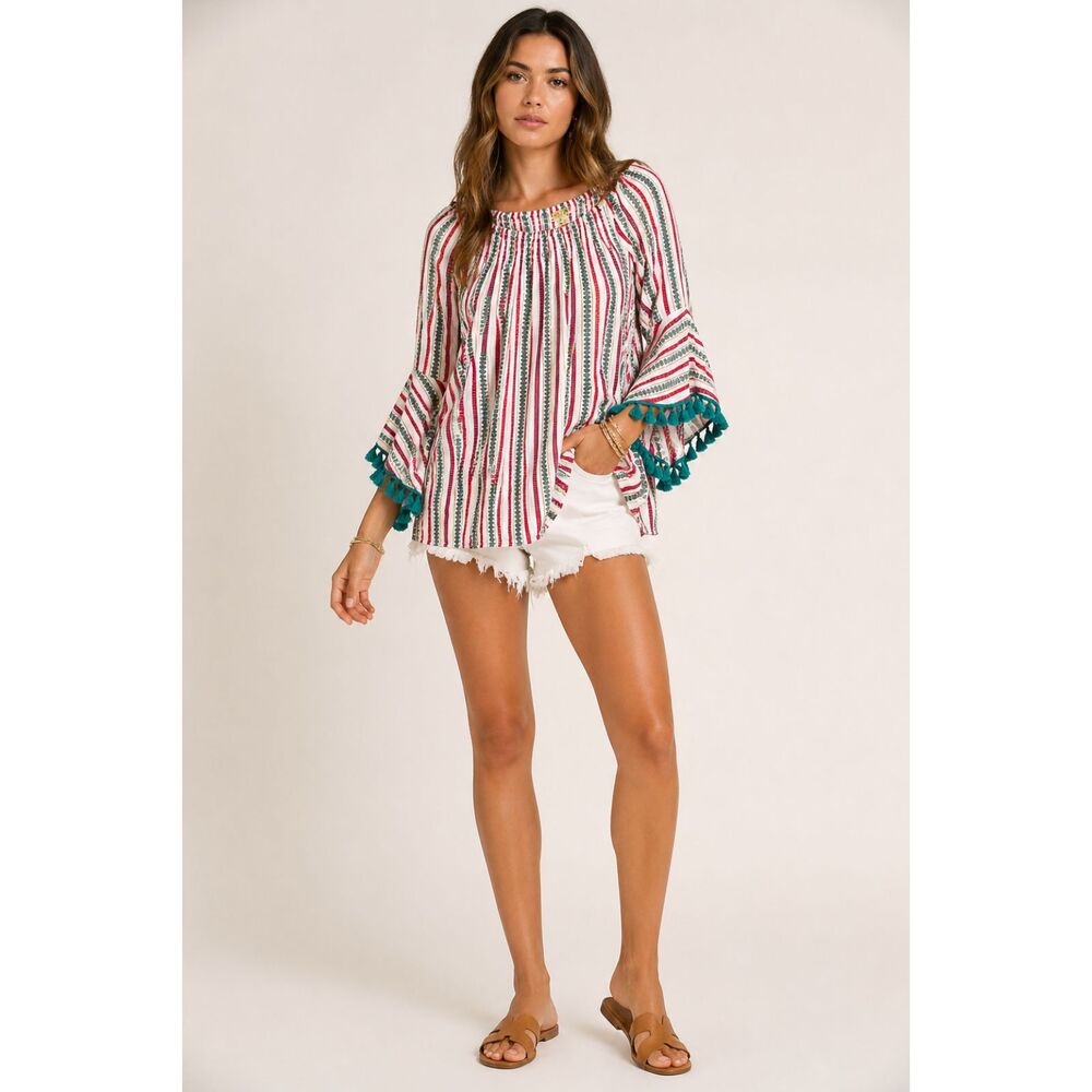 Studio West Boho Peasant Tunic Bell Sleeve Fringe Striped Beach Festival Top M